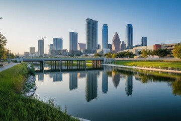 City skyline reflecting on calm water with green surroundings at dusk