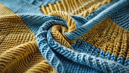 Close-up of a knitted fabric in blue and yellow, showing detailed stitches and textures.