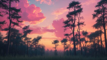 Vivid sunset sky over a forest with tall trees, vibrant pink and orange clouds, and silhouettes of trees in the foreground.