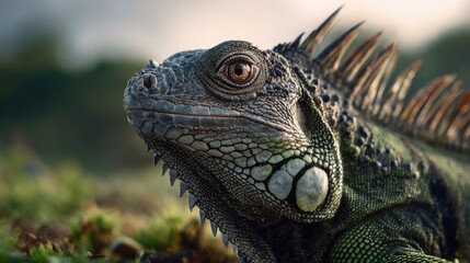 Obraz premium A close-up of an iguana gazing into the camera, its intense eyes full of detail and expression