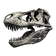 Naklejka premium Ancient Skull: A detailed illustration of a Tyrannosaurus Rex skull, showcasing intricate skeletal structures and the raw power of a prehistoric predator.