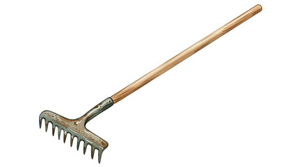 Naklejka premium Garden rake with wooden handle and metal head for landscaping 
