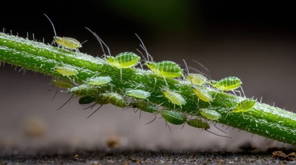 Fototapeta premium A cluster of aphids gathered along the stem of a young green plant