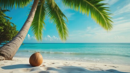 Tropical beach scene with palm trees, a coconut on the sand, and clear blue ocean under a partly cloudy sky.