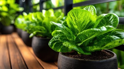 Fototapeta premium A vibrant display of lush green lettuce plants situated in rustic clay pots on a wooden surface, highlighting nature's bounty and freshness in the garden.