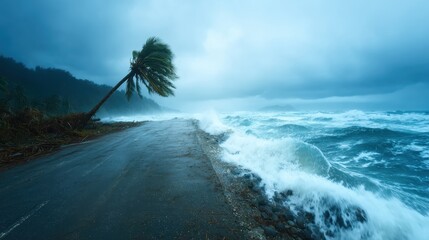 This dramatic seascape captures a bent palm tree on a stormy coastline, with powerful waves crashing against the shore under a moody, cloudy sky.
