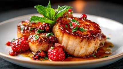 Beautifully seared scallops plated artistically with fresh herbs, pomegranate seeds, and raspberry sauce, offering an elegant culinary experience for seafood lovers.