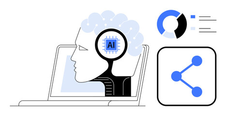 Side profile of human with AI chip, integrated into laptop. Includes analytics chart and share icon. Ideal for technology, innovation, AI, data sharing, analysis, machine learning simple landing
