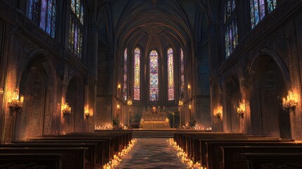 Fototapeta premium Detailed interior view of a church with stained glass windows and lit candles