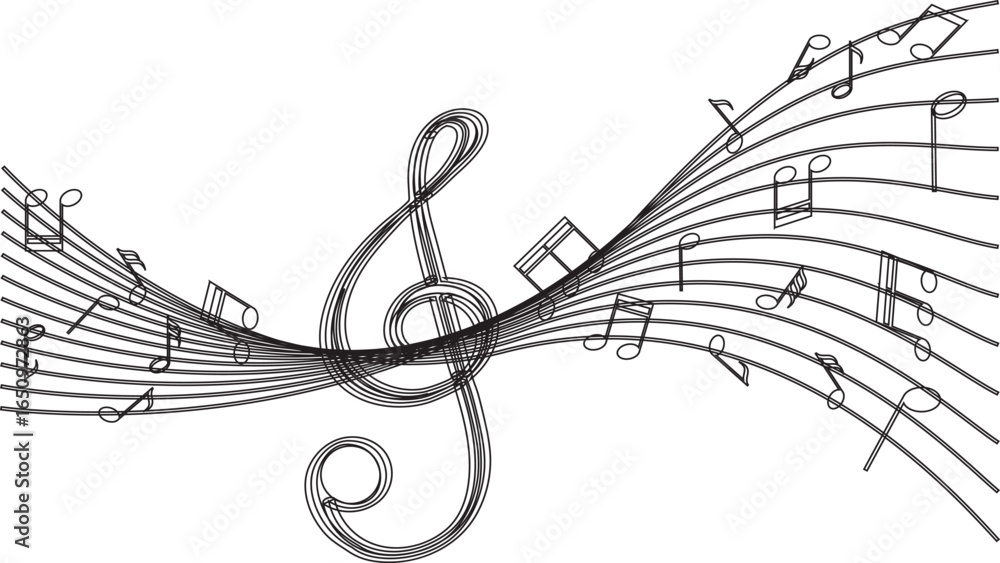 Poster the image features a stylized treble clef and musical notes set against a wavy line pattern.