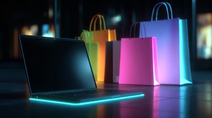 A modern laptop illuminated by a colorful neon glow reflects a contemporary aesthetic and technological theme