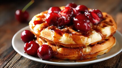 Irresistibly stacked waffles adorned with cherries and syrup, providing a delightful visual and culinary experience for breakfast or brunch lovers everywhere.