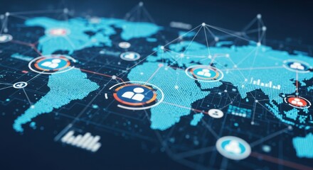 Digital World Map with Network Connections and User Icons in Blue and Orange
