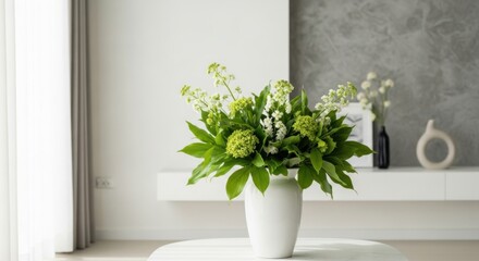 Elegant Green and White Flower Arrangement in Modern White Vase in Minimalist Interior