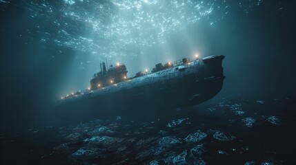 An underwater scene featuring a large submarine illuminated against a deep oceanic backdrop, exuding a sense of mystery and exploration.