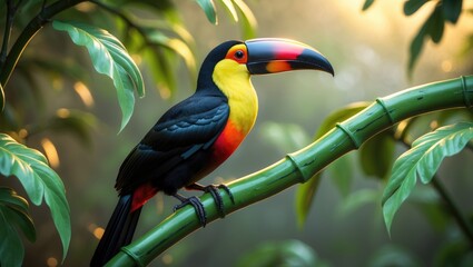 Fototapeta premium Colorful toucan perched on a green branch amidst lush leaves in a vibrant jungle setting