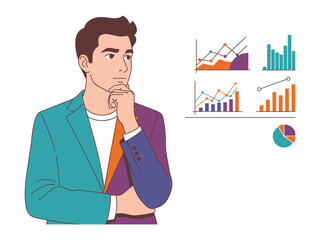 Strategic Insights: A thinking person with business charts illustrating the complexities of financial data and market analysis.
