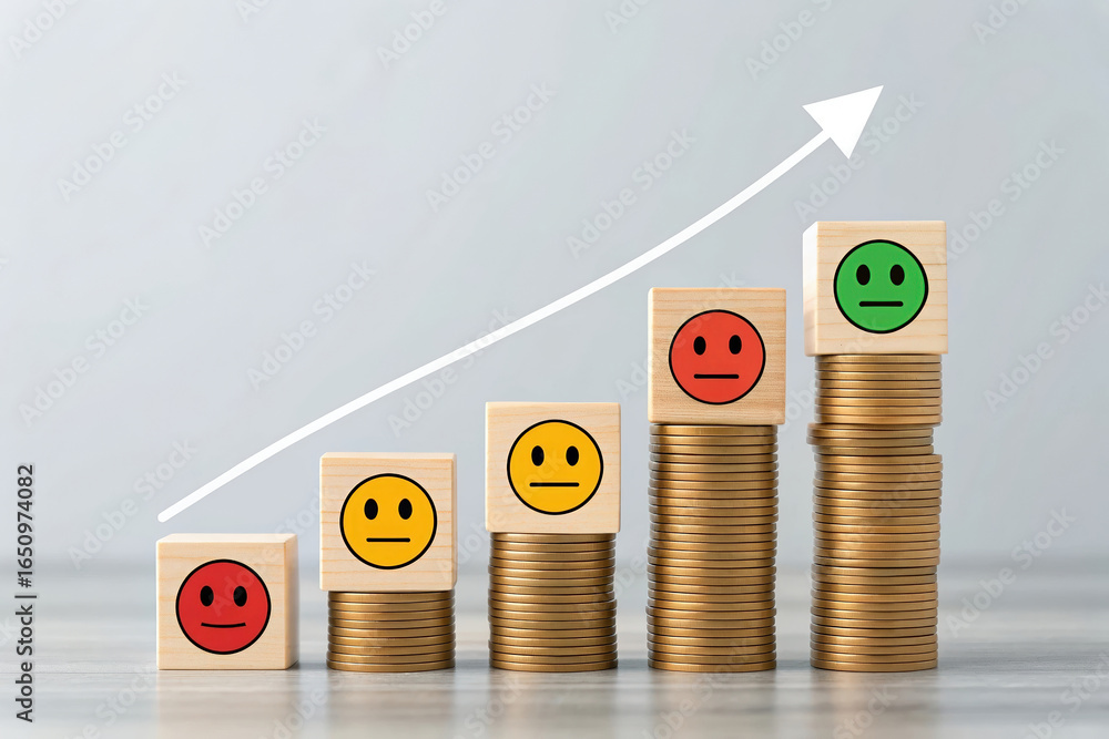 Poster ascending coin stacks with emotion blocks showing improvement despite low feedback and representing 