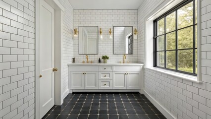 Bright contemporary bathroom featuring white subway tiles, gold fixtures, dual sinks, black patterned floor tiles, and a large window.
