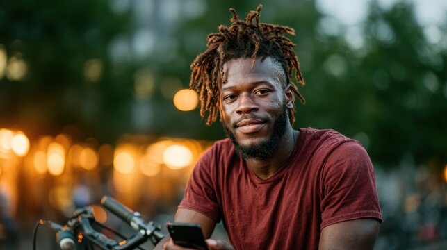 A young man with stylish dreadlocks sits outdoors, holding his smartphone while enjoying a relaxing moment in a vibrant park filled with lush greenery and warm light.