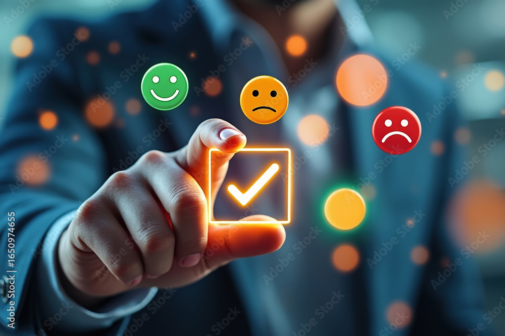 Poster assessing customer satisfaction with low feedback check mark and emotion icons for business performa