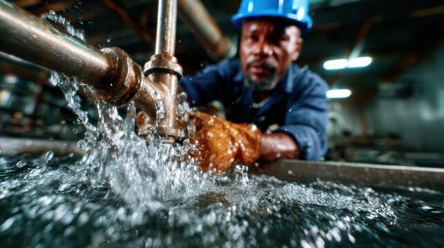 A skilled plumber in protective gear fixing a water plumbing system, epitomizing professionalism and dedication to delivering high-quality service for residential needs.