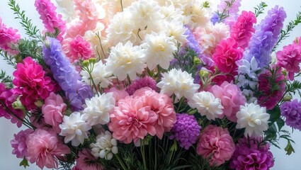 Obraz premium A colorful bouquet of flowers with pink, purple, white, and lavender blossoms.