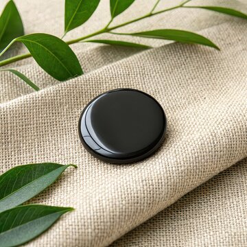 Smooth black shungite stone resting on textured beige burlap fabric, accented by fresh green leaves for a natural aesthetic.