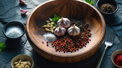 A wooden bowl containing garlic, garlic cloves, and mixed peppercorns, surrounded by small bowls of salt and garlic cloves on a dark surface.