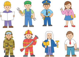 Cartoon characters of various professions, kids dressed as workers, educational illustration for learning jobs, flat vector style design