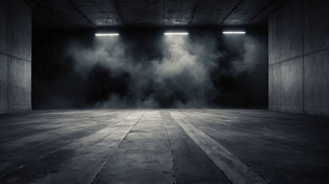 A dark, moody industrial space featuring smoke and dramatic lighting effects.