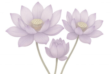 Fototapeta premium Delicate purple lotus blossoms floating softly, radiating peaceful botanical elegance against clean transparent backdrop