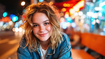 A young woman with curly hair smiles at the camera, illuminated by vibrant city lights, creating a cheerful and engaging urban atmosphere at night.