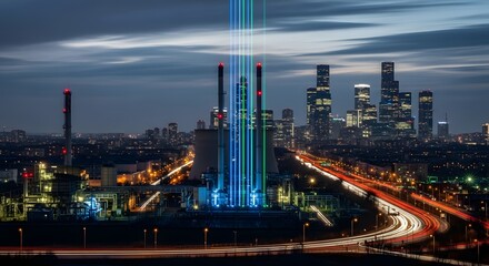Obraz premium Futuristic Industrial Power Plant with Tall Chimneys Illuminated Night Scene City Skyline