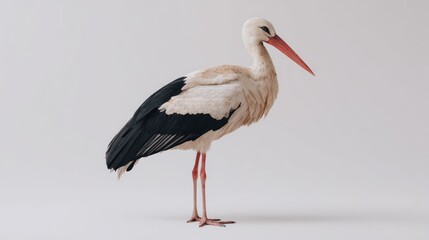 Fototapeta premium Elegant stork stands gracefully, featuring white plumage contrasted by black wing feathers