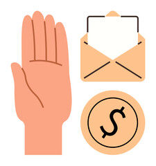 Obraz premium Open palm halt gesture, envelope with letter, and dollar coin suggesting financial, communication, and action themes. Ideal for payment hold, donations, refunds, warnings charity messages simple
