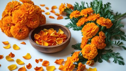 Bright orange marigold flowers with scattered petals, a wooden bowl with orange flower petals, and green foliage on a white background.