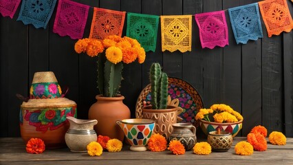 Traditional Mexican altar setup with marigold flowers, colorful papel picado, clay pottery, and cacti for Dia de los Muertos celebration.