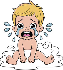 Cartoon crying baby illustration, sitting in diaper, emotional expression, tears flowing, perfect for parenting, childcare, and baby care designs