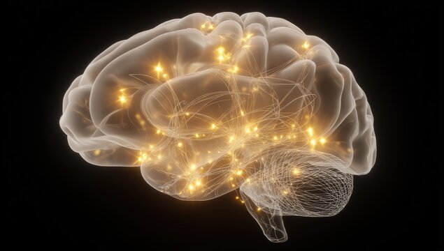 3D rendered brain, glowing neural pathways - Powered by Adobe