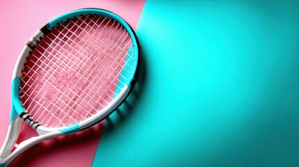 A dynamic image showcasing a tennis racket placed on a vibrant pink and teal background, ideal for sports, activity, and lifestyle branding or articles.