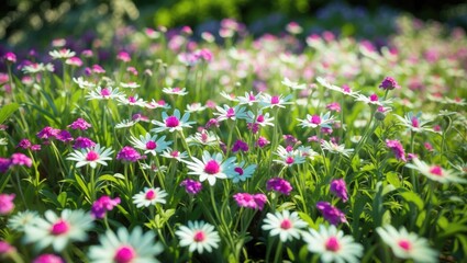 Obraz premium Colorful daisies and pink flowers blooming in a lush green garden. Nature and floral scene. Spring and season of growth. The concept of garden beauty and plant life.