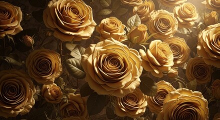 Golden Yellow Roses Floral Pattern with Dark Background for Elegant Decoration