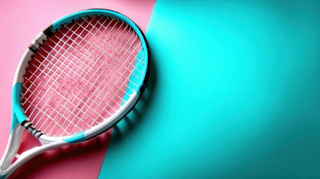 A dynamic image showcasing a tennis racket placed on a vibrant pink and teal background, ideal for sports, activity, and lifestyle branding or articles.