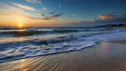 Obraz premium Tranquil sunset over the ocean, showcasing vibrant colors and gentle waves lapping at the shore.