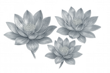 Detailed pencil drawing depicting three elegant lotus flowers on a transparent background, perfect for various design projects