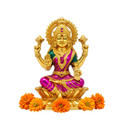 Golden idol of Goddess Lakshmi with marigold flowers, representing wealth and offerings for puja ceremonies for Diwali. Transparent Background, Cutout