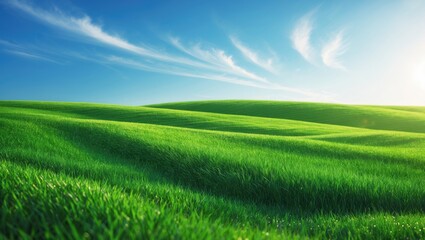 Fototapeta premium Vast green fields and grasslands under a bright blue sky with white clouds. Landscape and nature scene. Peaceful and scenic agricultural environment.