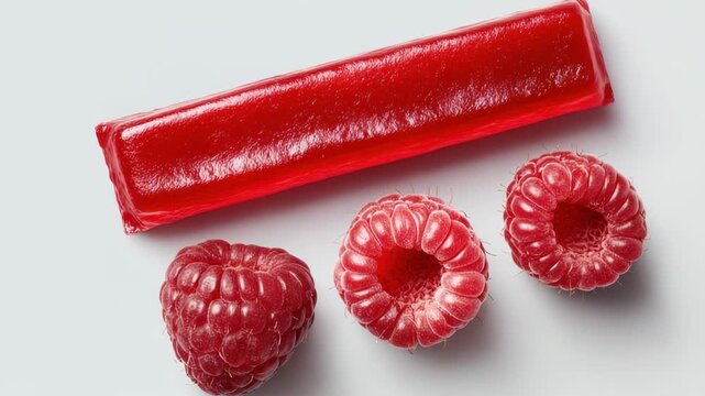 Bright red raspberries alongside glossy candy bar showcase natural sweetness and vibrant color