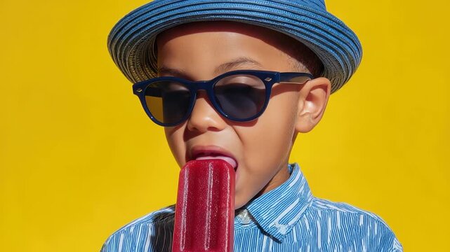 Bright yellow backdrop highlights child enjoying vibrant popsicle, showcasing fun and summer vibes